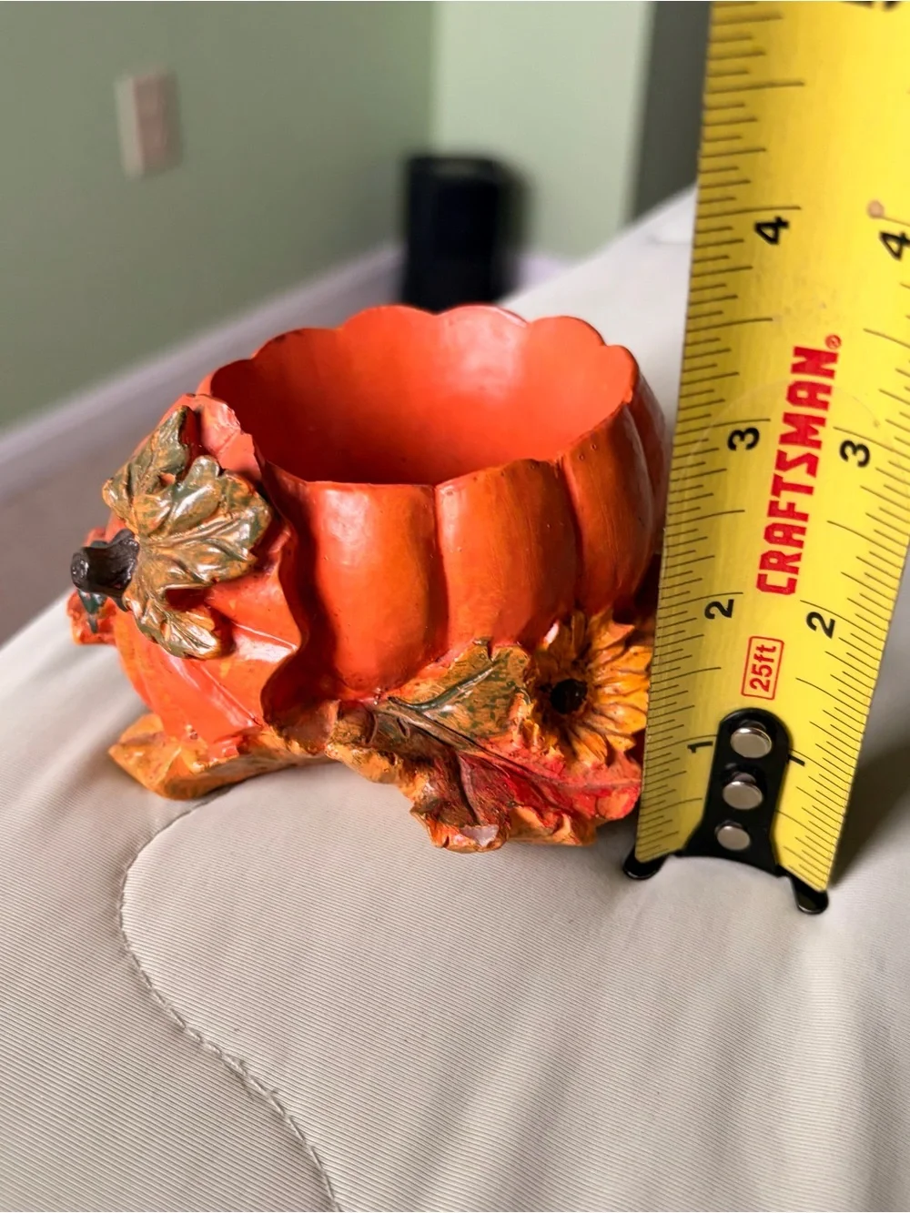 Pumpkin Seasonall Fall Tealight Holder Accent Orange & Floral Sunflowers